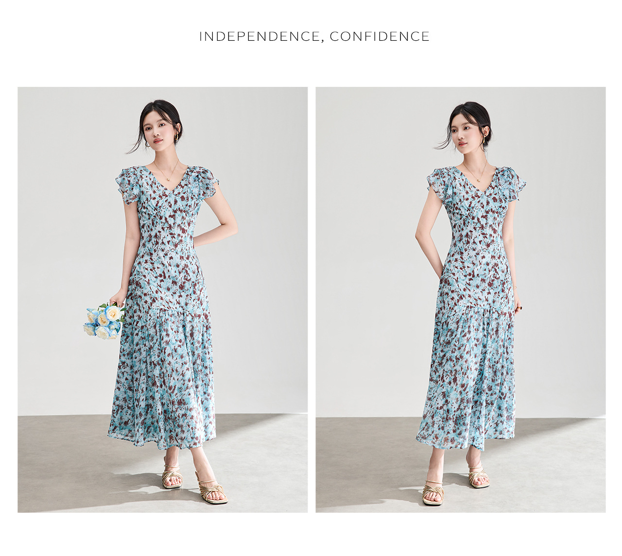 Đầm maxi nữ cổ V tay lá sen chất liệu chiffon in hoa nhí — xanh lam chi tiết 13