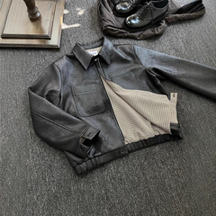 アメリカのレトロな千鳥格pu革服のショートコート男秋冬の高級感があります。