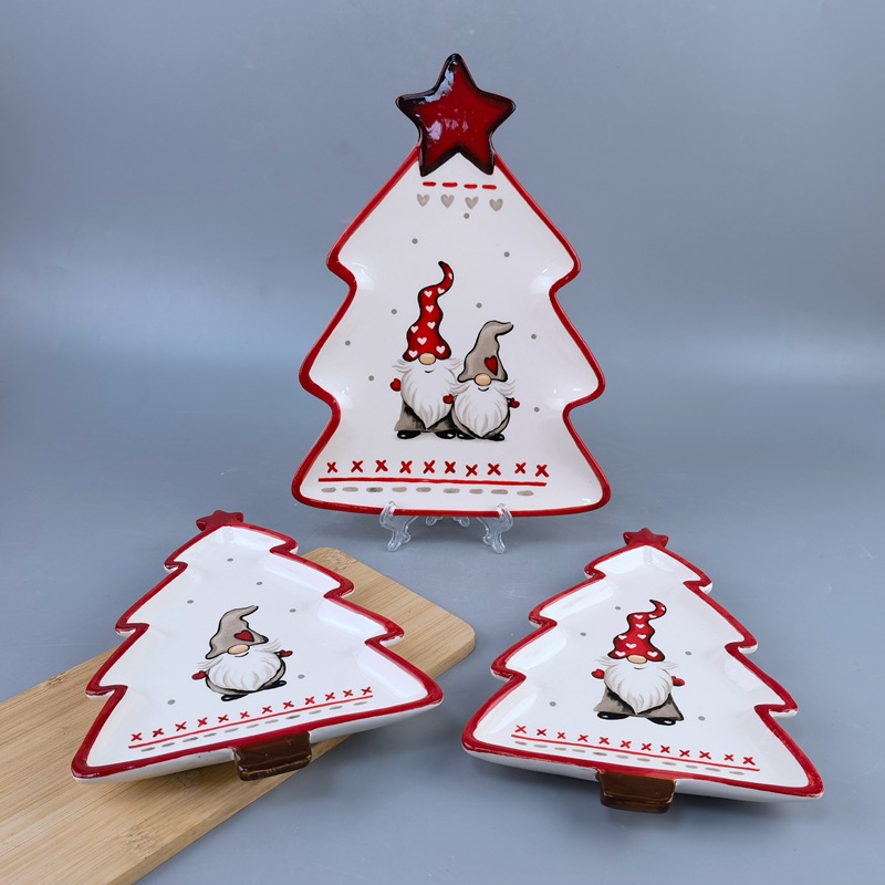 Papá Noel tridimensional pintado a mano transfronterizo pinos plato de cerámica de forma extraña plato de desayuno postre platos de bocadillos cubiertos de Navidad