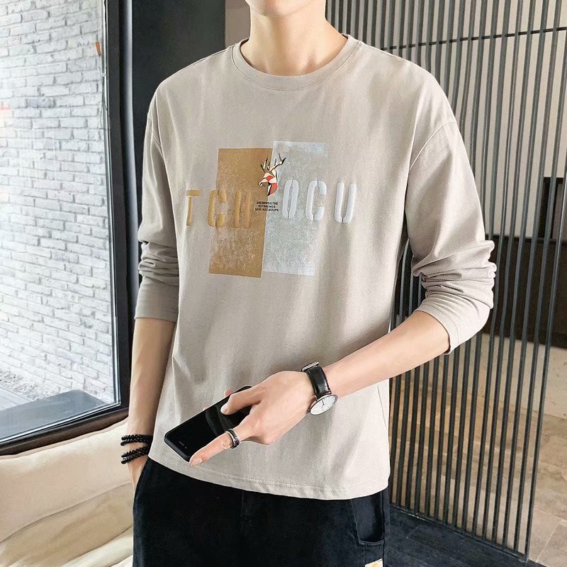 Los hombres de manga larga Camiseta cuello redondo juventud de los hombres pullover moda impresa desgaste exterior camisa de fondo delgada ropa de otoño