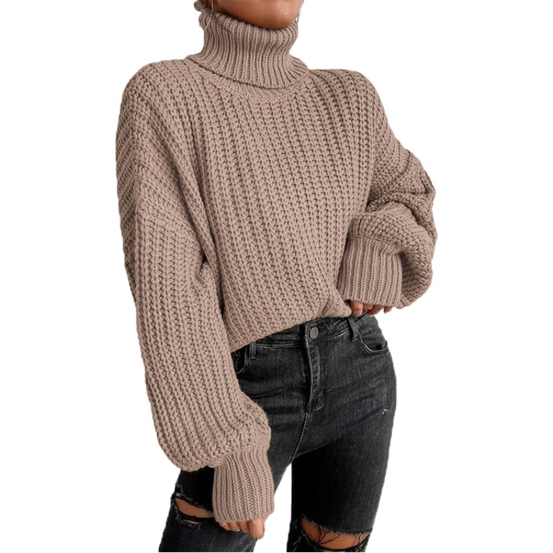 Nuevo Otoño e Invierno transfronterizo Amazon transfronterizo Comercio exterior moda fuera del hombro manga larga de punto jersey suelto suéter de cuello alto para mujeres