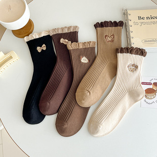 Spring and Autumn new mid-calf length socks Brown Series bow lace socks women's isn trendy all-match long pile socks women