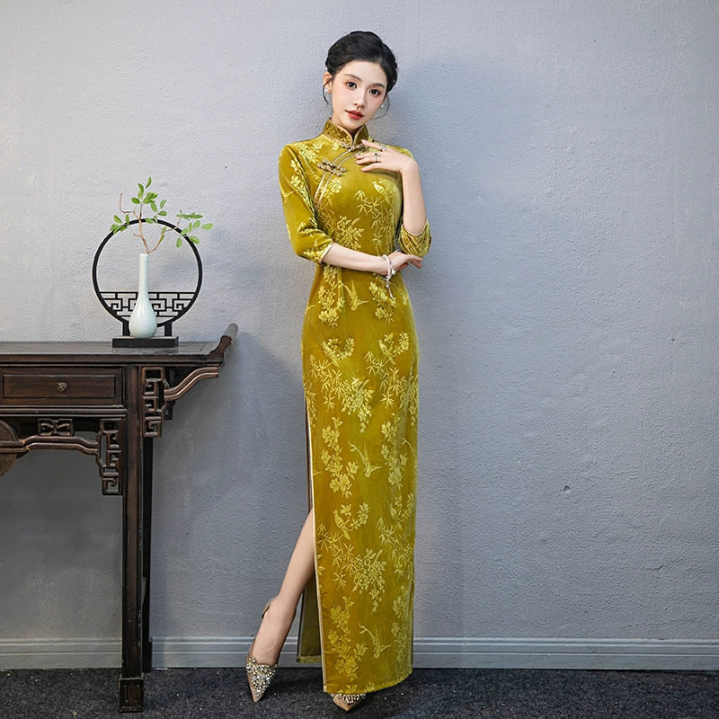 Модифицированный Cheongsam Edition Элегантный темперамент подиуме костюм ретро национальный стиль желтое платье большого размера