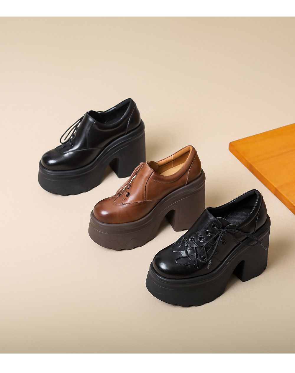 Giày cao gót nữ da thật phong cách Anh quốc cổ điển gót vuông 12 cm đế platform — màu nâu chi tiết 12