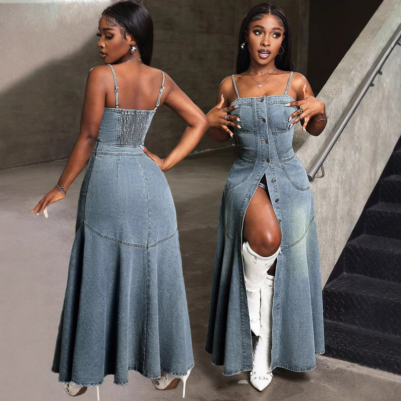 Amazon Cross-Border Foreign Trade Fashionable Mid-Length Single-Breasted Suspender Denim Dress