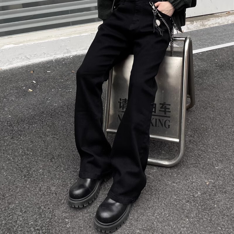 Black Willow Leaf Scimitar Jeans Men's Slim Fit Trendy Straight Pants American High Street Vibe Style Flared Pants