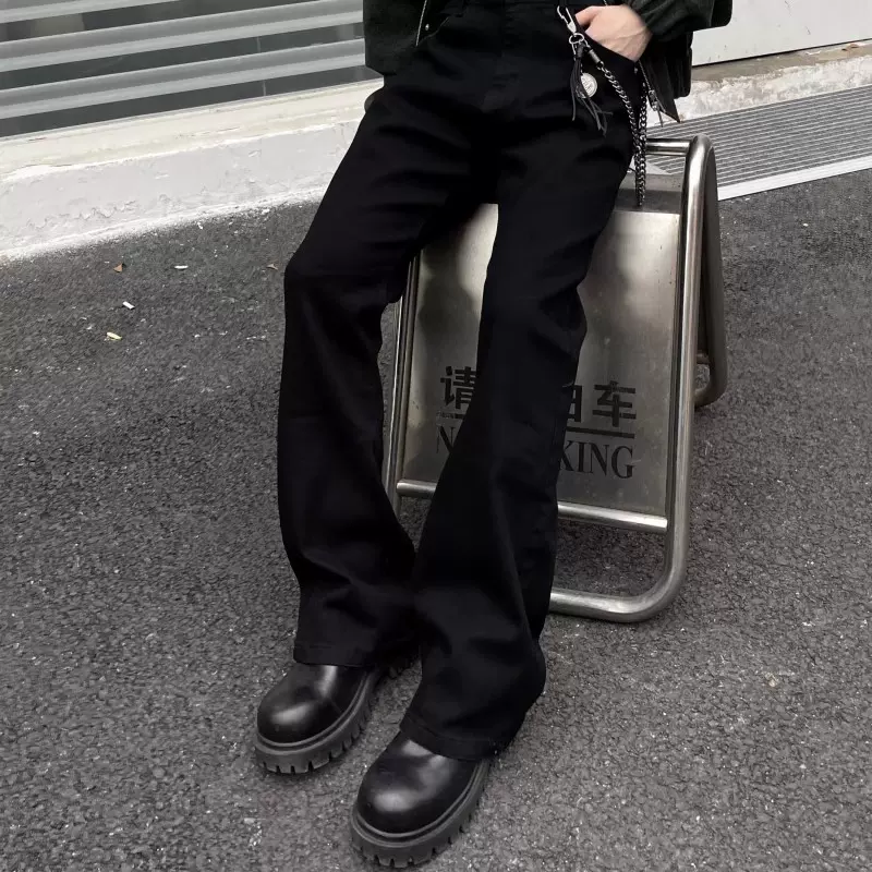 黑色柳叶弯刀牛仔裤男款修身潮流直筒裤子美式高街vibe风微喇裤子