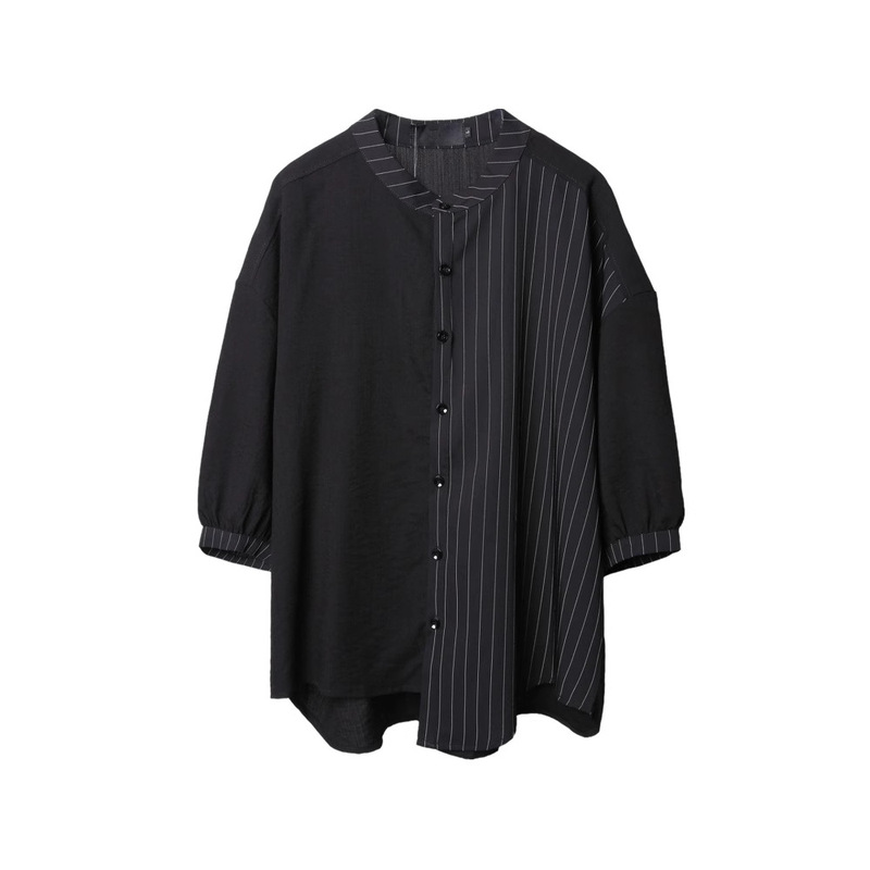 Korean Style Trendy Short-Sleeved Shirt with Asymmetrical Design, Striped Patchwork, Yamamoto-Style Loose Half-Sleeved Collarless Shirt for Men