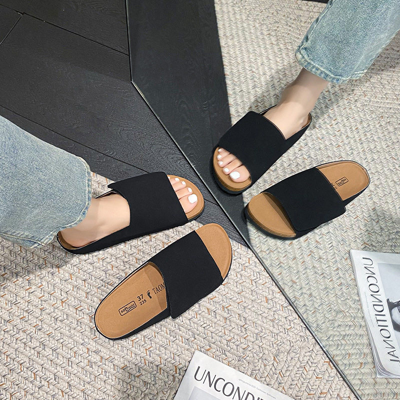 Dép sandal nữ quai ngang bản rộng mũi tròn đế bằng gấp gọn đi ngoài trời mùa hè — Màu Kaki, Màu mơ, Màu đen