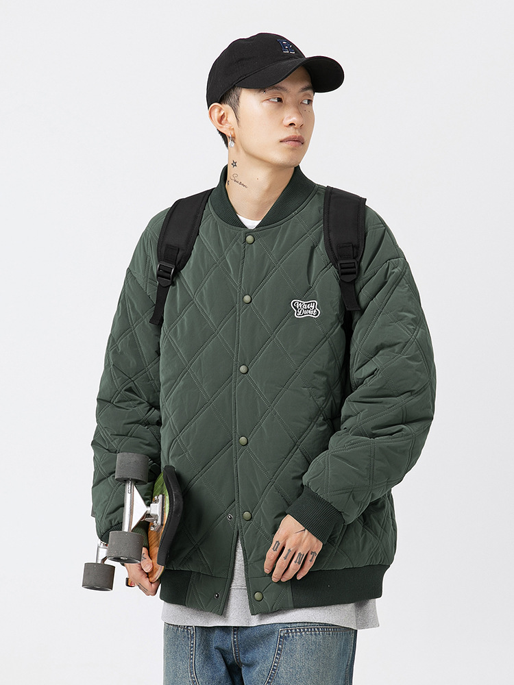 Rhombic algodón acolchado cuello de béisbol abrigo de algodón invierno de los hombres nueva pareja bordado suelta marca de moda engrosada ropa de trabajo abrigo de algodón