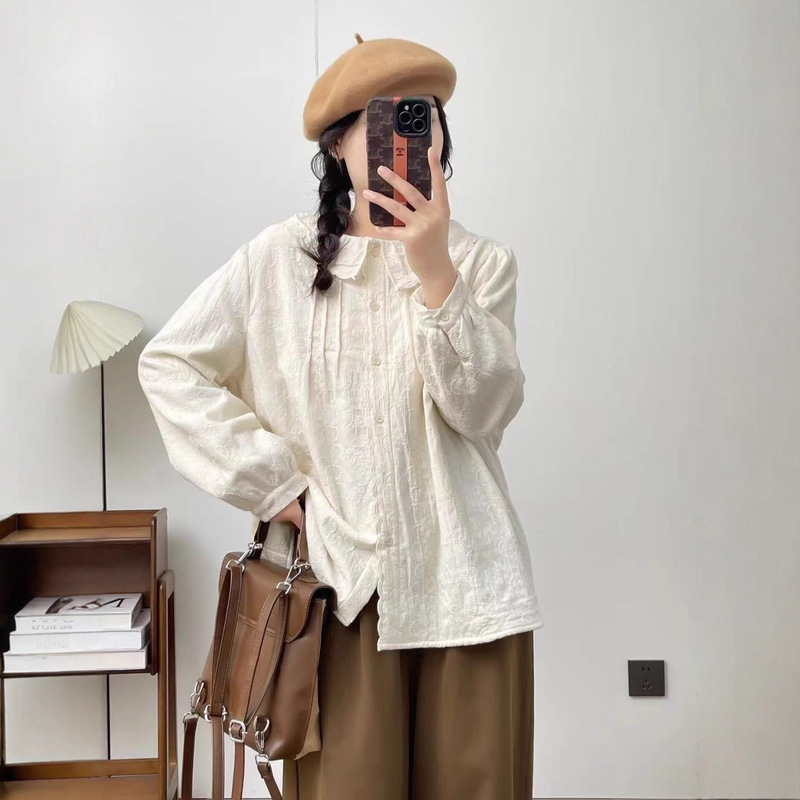 Japanese Mori-Style Jacquard Cotton Fleece-Lined Shirt for Women, New Winter Loose Versatile Sweet Youthful Lace Collar Top