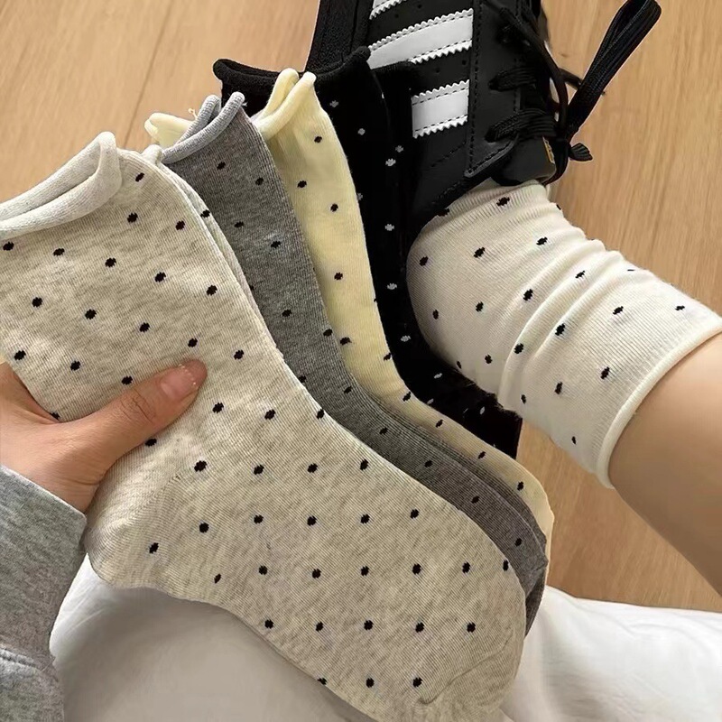 Socks Women's Cotton Socks Spring and Summer Korean Style Curl Poll Dot Mid-Socks Soft Waxy Pile Socks Japanese Students All-match Boneless Socks