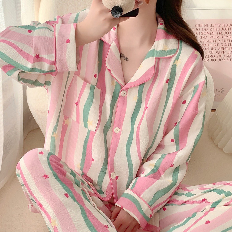 Rainbow Striped Cute Pajamas Women's Spring Autumn and Winter Sweet Outer Wear Long Sleeve Cardigan Trousers Home Suit Summer