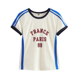 2024冬季新款女装欧美风条纹带印字学院风短袖圆领T恤5643814