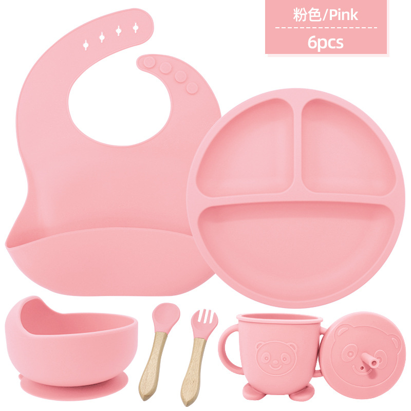 Juego de seis piezas de vajilla de silicona para niños, vajilla de alimentación para bebés para niños, tenedor, cuchara, ventosa, bolsa de arroz, taza de agua