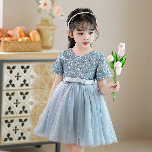 Children's dress mesh sequins fluffy princess dress flower girl dress host dress piano performance short-sleeved summer