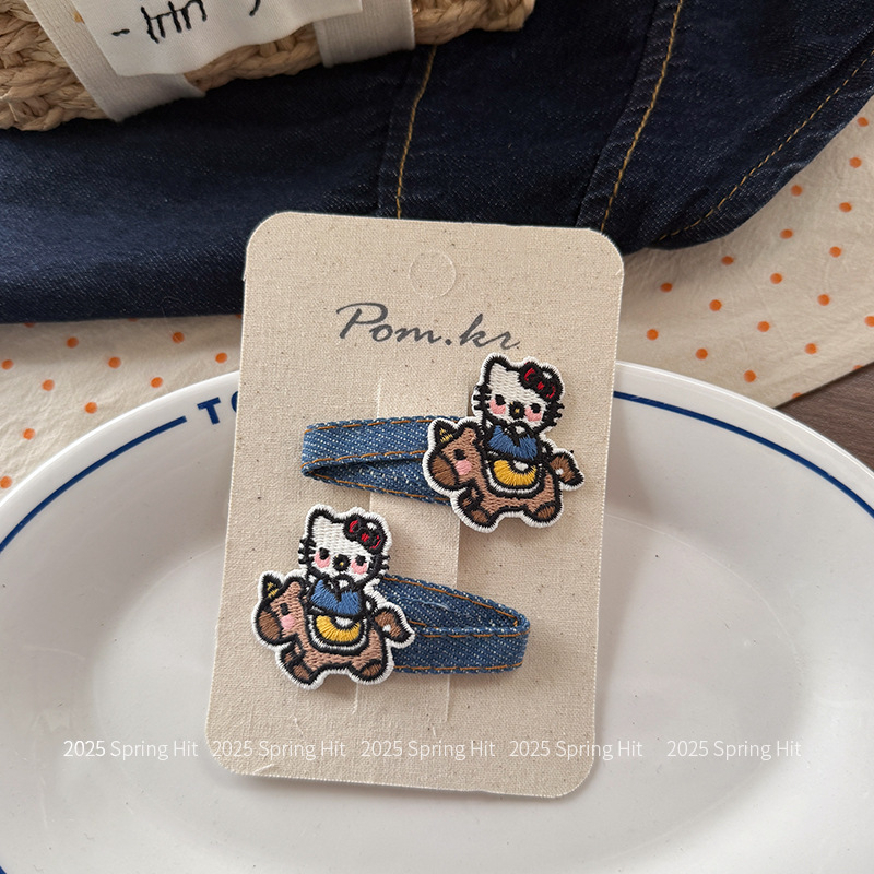 かわいい漫画の動物子供用ヘアクリップ KT 猫デニム前髪サイドクリップ刺繍女の子ヘアピンヘアアクセサリー|undefined