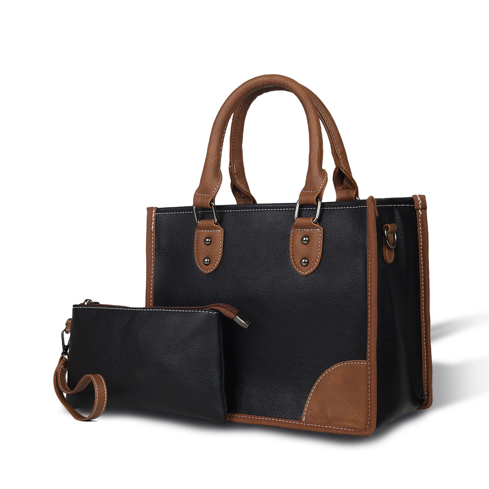 Single Shoulder Strap, Double Handle Strap Type Women's Pu Leather Color Block Streetwear Sewing Thread Square Zipper Bag Sets
