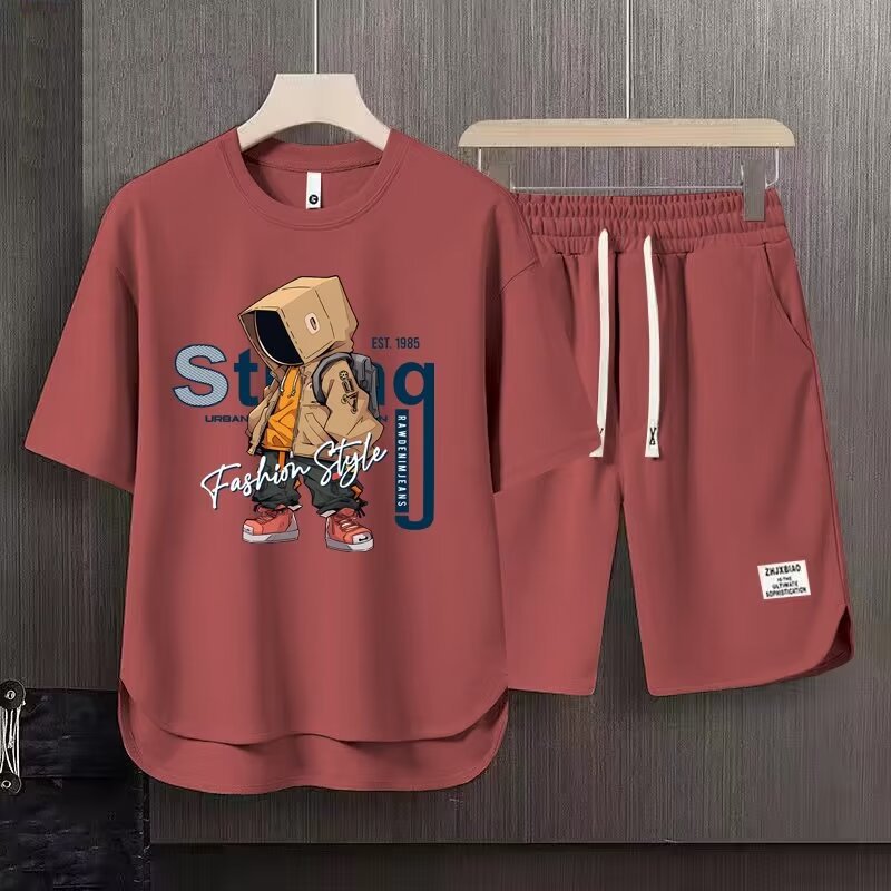 Men's Clothing 2024 Waffle Casual Summer Suit Men's Loose Teen Short sleeved T shirt Shorts Handsome Two piece Suit_mkmklike.com