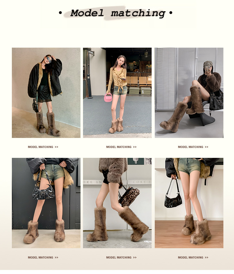 Boot nữ cổ cao lông thỏ dày dặn, đế dày, phong cách cá tính — Ống ngắn lót đơn chi tiết 4