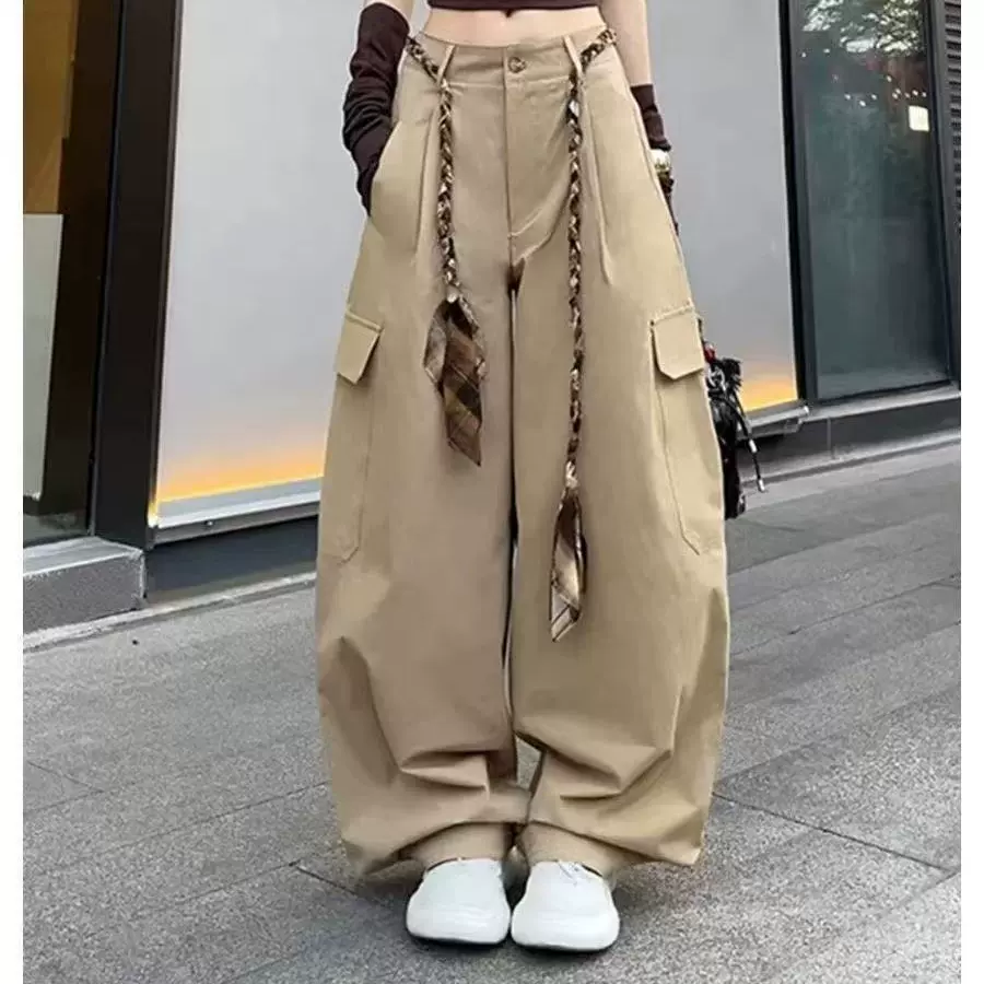 新款美式百搭宽松腰带阔腿裤高腰显瘦坠感拖地工装裤女秋服饰批发