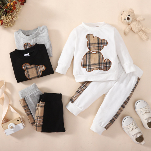 Cross-border INS Infant Boys' Summer Plaid Bear Patchwork Embroidered Long-sleeved Top and Long Pants Fashionable Suit