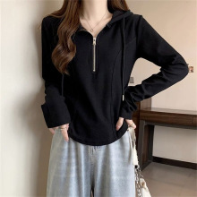 大码胖时尚棉半拉链长t袖恤女春秋季新款显瘦鱼骨连帽上衣服200斤