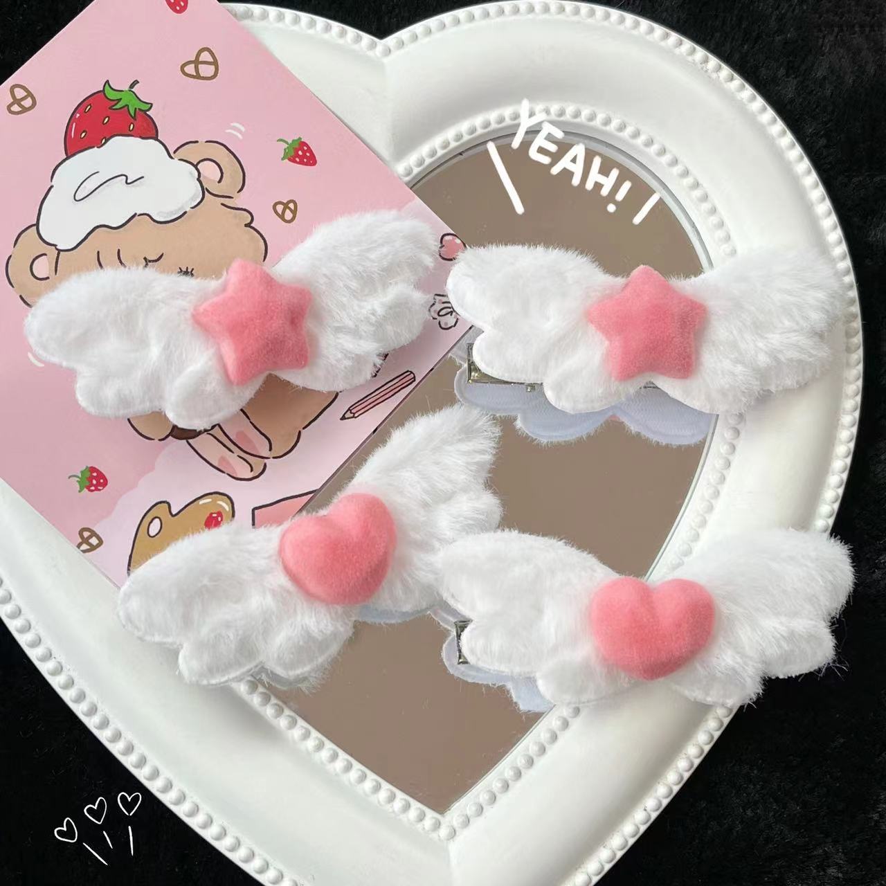 可愛愛心星星毛絨天使翅膀髮夾甜美少女心邊夾百搭粉嫩甜妹髮飾女