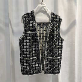 高奢重磅 经典小香风羊绒重工珍珠镶边千鸟格宽松针织马甲开衫女