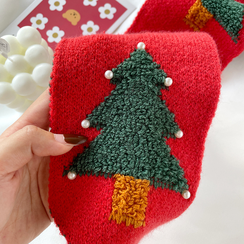 Kadınlar İçin Kış Hediyesi Instagram Kore Sevimli Noel Ağacı Sıcak Örme Çok Yönlü Kırmızı Atkı_voghion.com