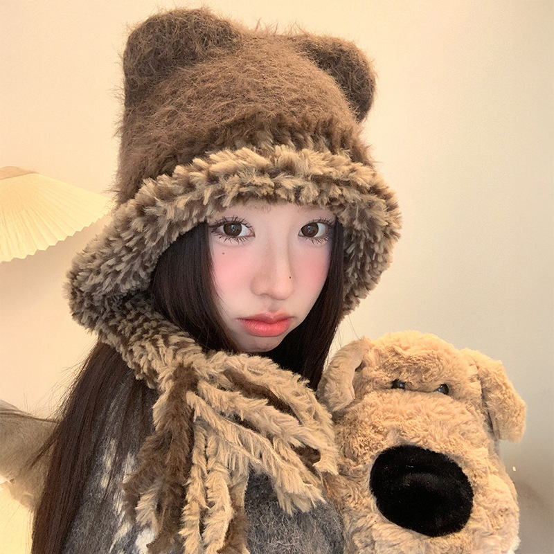 秋冬季撞色毛边护耳帽子保暖辫子休闲套头帽猫耳朵显脸小针织帽女|undefined