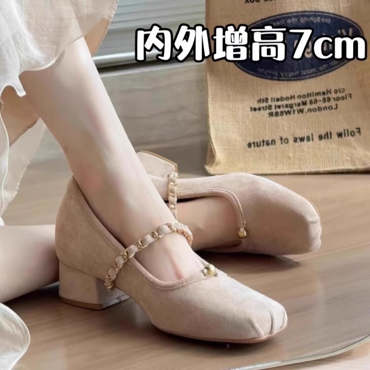 羊皮版~内增高7CM复古粗跟玛丽珍鞋女2025新款温柔芭蕾鞋高跟单鞋|undefined
