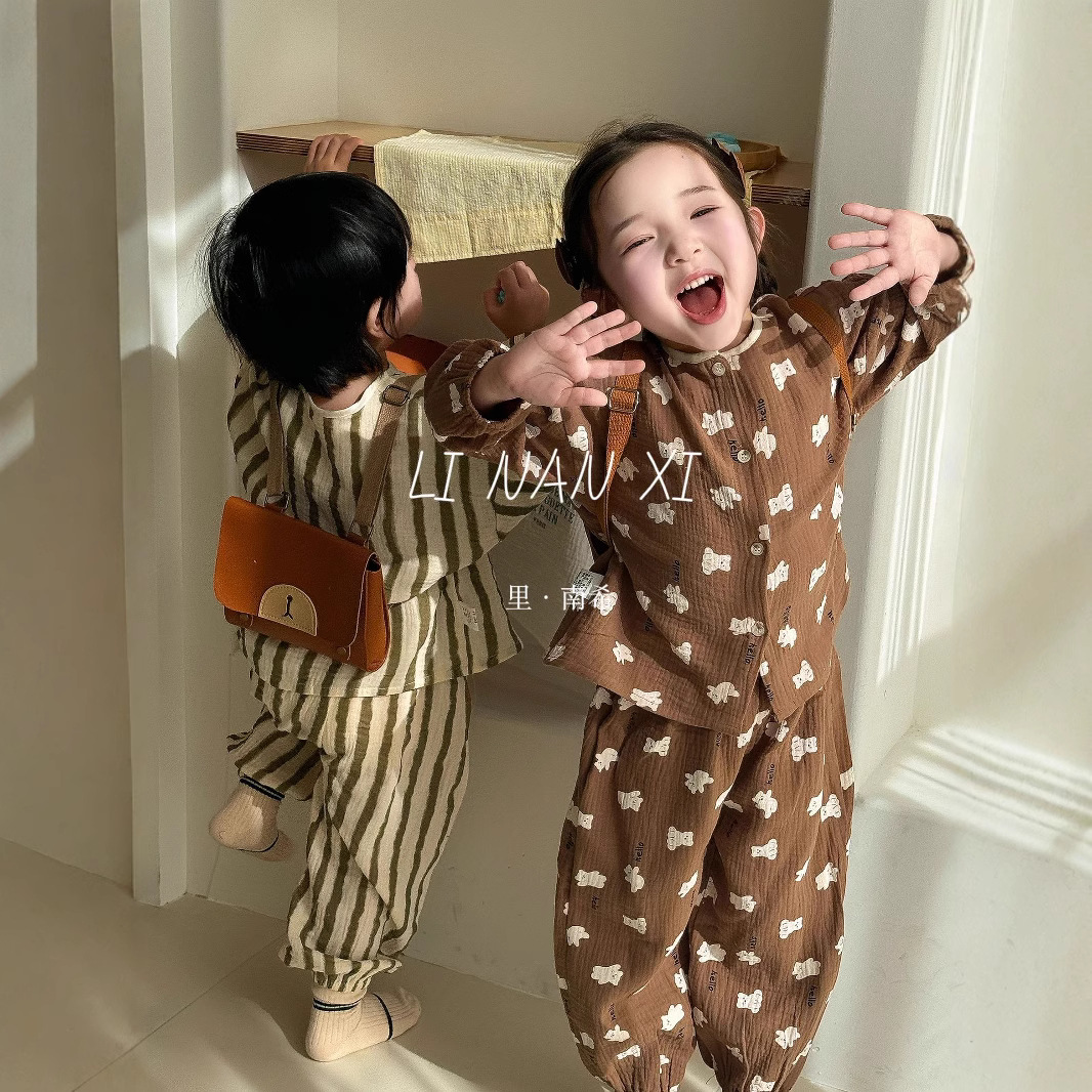 Category a Baby All-Cotton Cartoon Home Wear Set 2026 Spring Style Boys and Girls Double-Layer Cotton Gauze Pajamas and Pajama Pants 85007