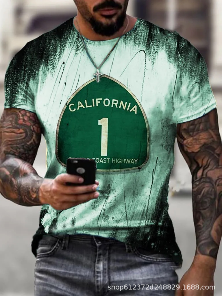 Cross-border Amazon hombres camisa de cuello redondo retro manga corta estilo europeo y americano impreso N ° 66 carretera carta camiseta