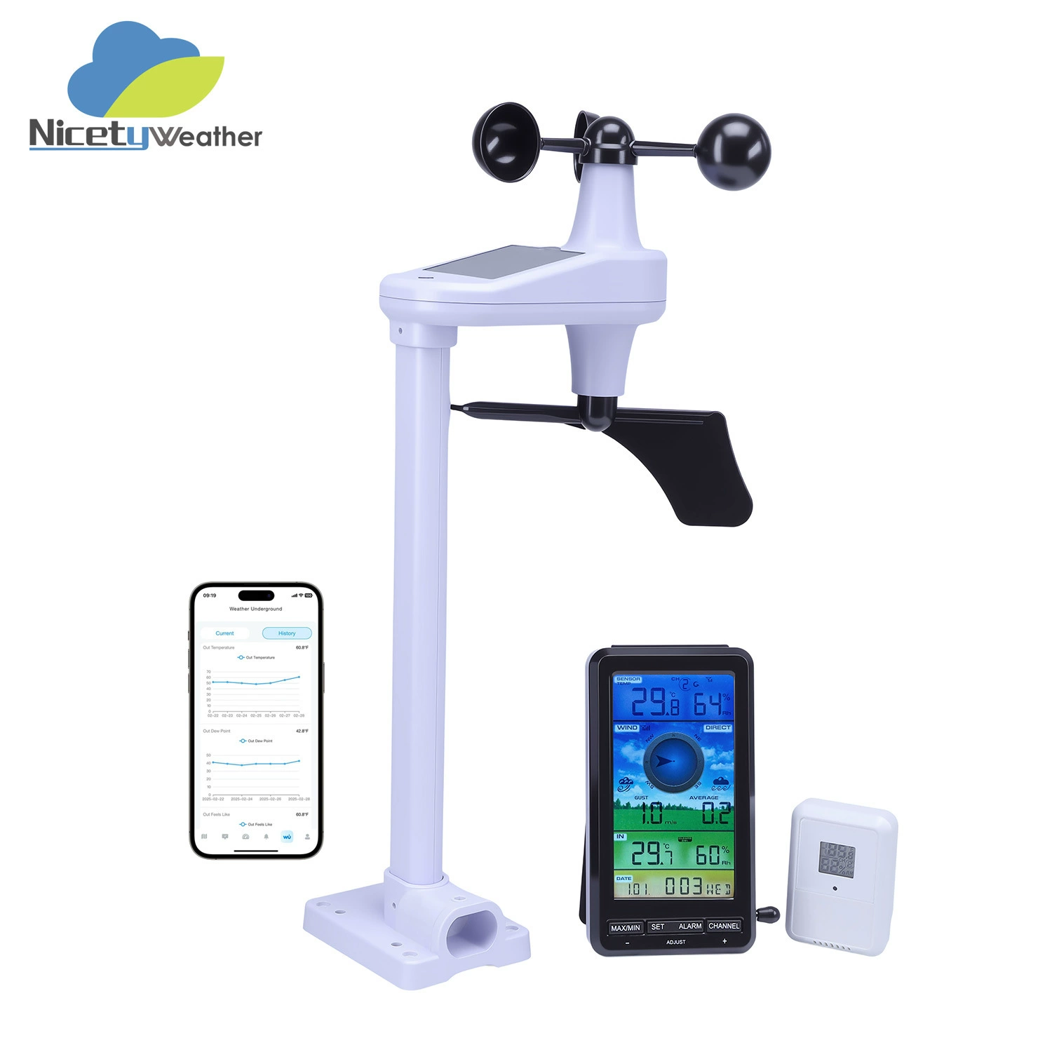 Ветер, дождь, температура и влажность! Беспроводная метеостанция мгновенно передает данные о скорости ветра, осадках, температуре и влажности воздуха с помощью интеллектуальной беспроводной передачи.