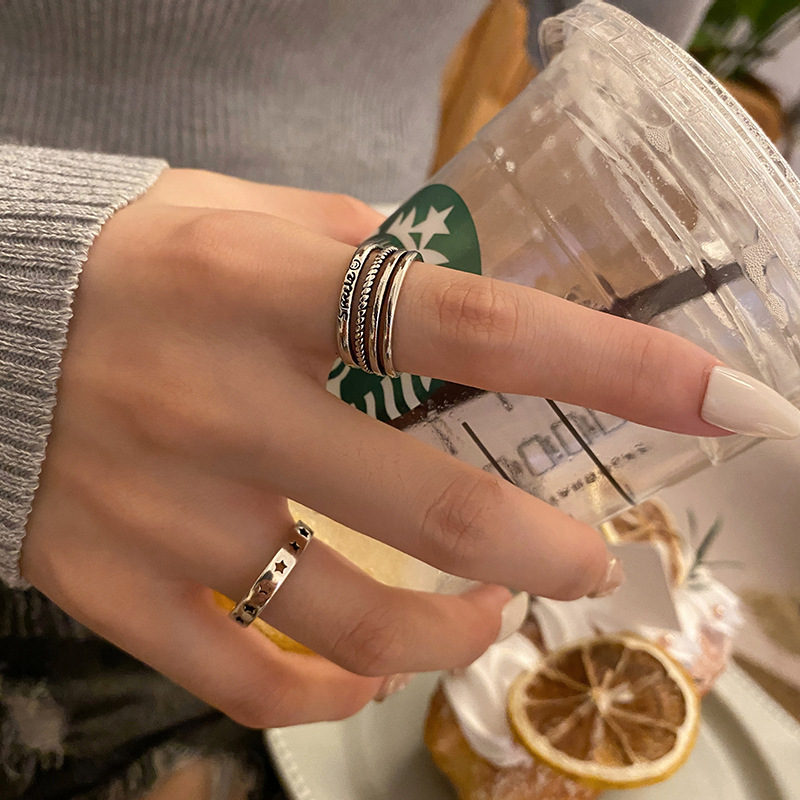 Korean Hollow Star Open Ring Retro Multi-layer Stripe Silver Plated Copper Ring Female display picture 1