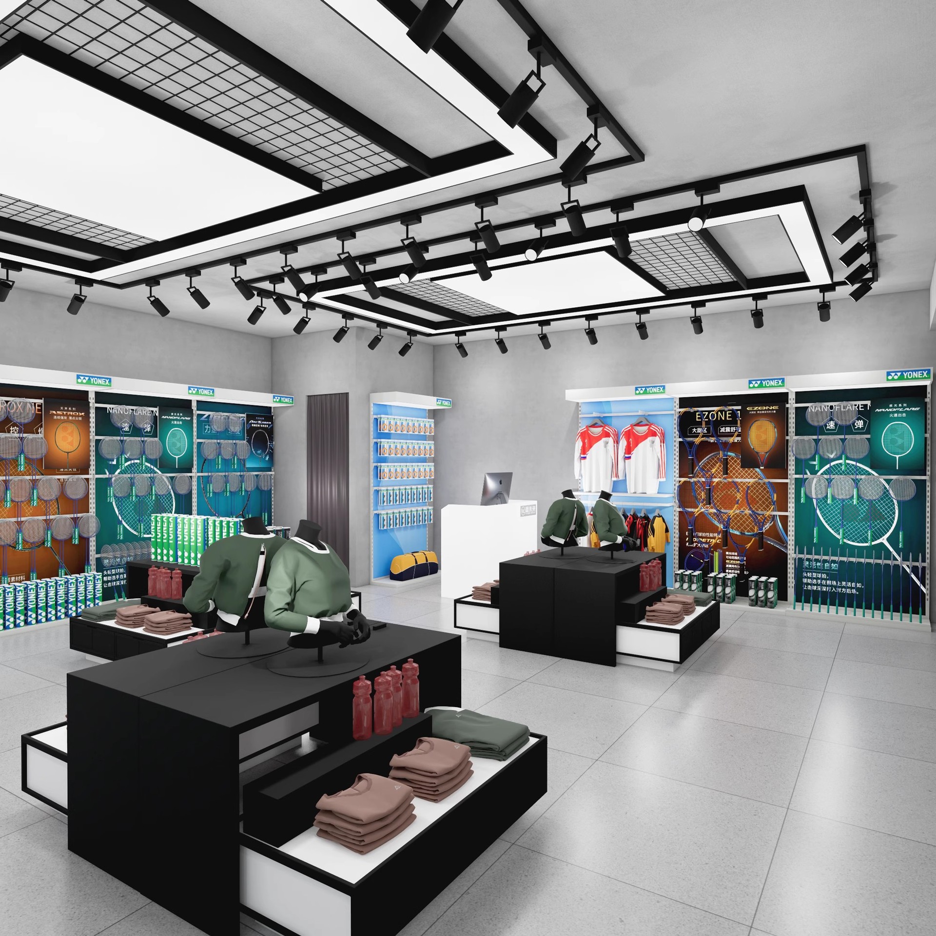 Rack de exhibición de artículos deportivos rack de exhibición de bádminton personalizado raqueta rack de isla rack de pared