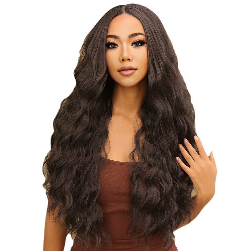 Women's Black Long Curly Synthetic Wig Full Head Center Part Small Curly Hair in Stock_voghion.com