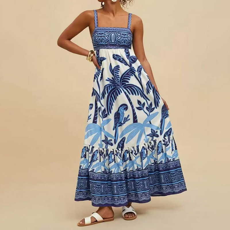 2025 Summer Foreign Trade European and American Style Women's Dress Fashion Trend Strap Print High Waist Flared Long Dress 2025 Summer Foreign Trade European and American Style Women's Dress Fashion Trend Strap Print High Waist Flared Long Dress