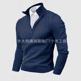 2026春季跨境外贸男士商务毛衣POLO衫四分之三拉链男衬衫领休闲百