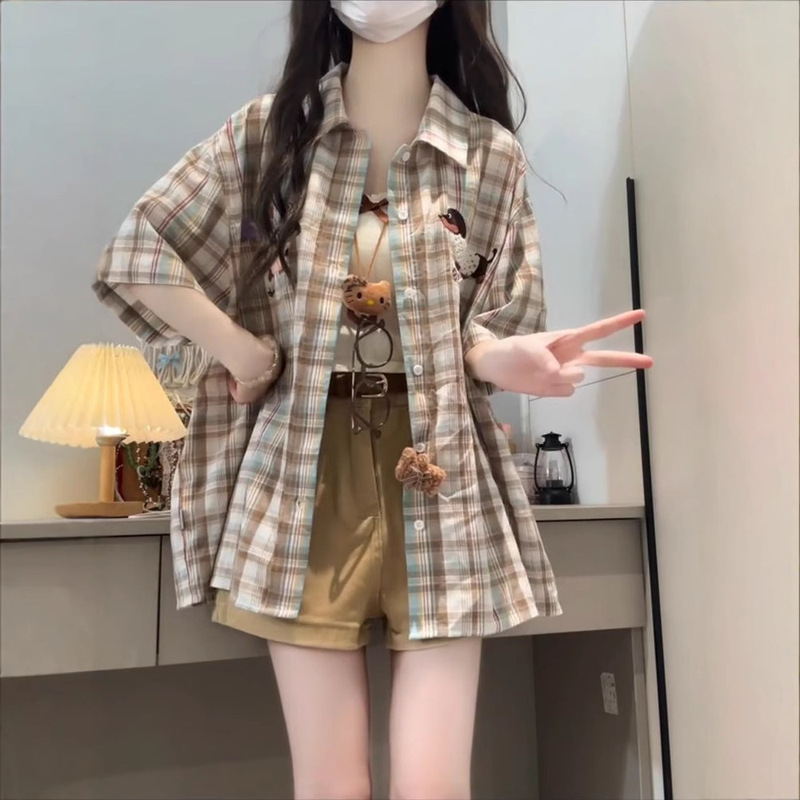 American Fun Puppy Towel Embroidered Plaid Short-Sleeved Shirt for Women Summer New Loose Casual Shirt Unique Top