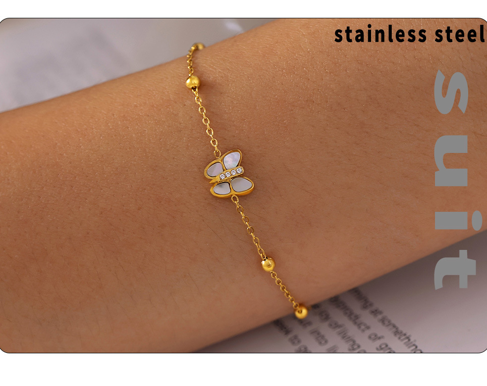 Natural Real Shell Butterfly Diamond 3A Zircon Small Bead Bracelet Titanium Steel Non Fading Bracelet_voghion.com