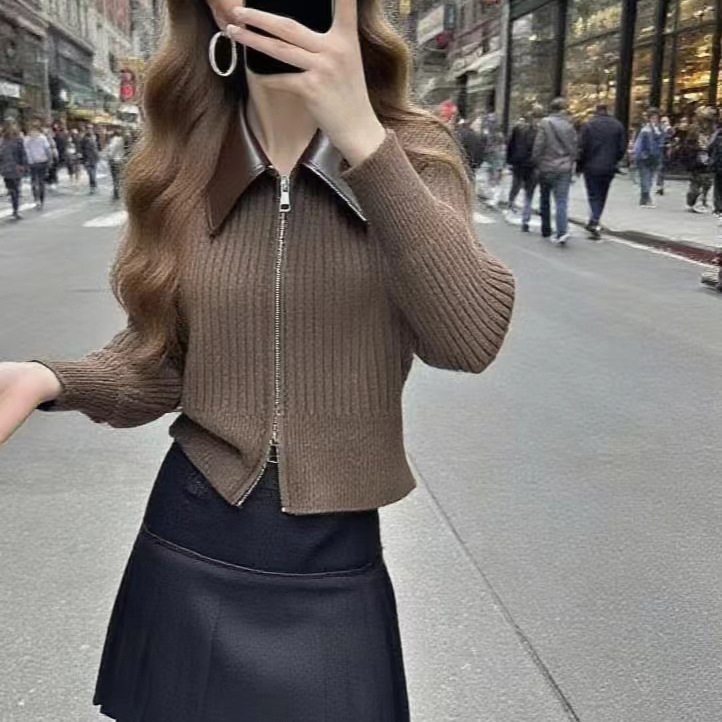 高级感气质皮翻领毛衣开衫女秋冬新款洋气软糯针织坑条上衣短外套|undefined