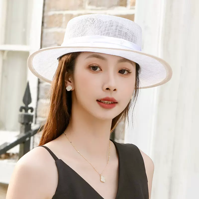 跨境2026新款夏天麻纱草帽子女法式复古遮阳帽出游度假小平顶礼帽