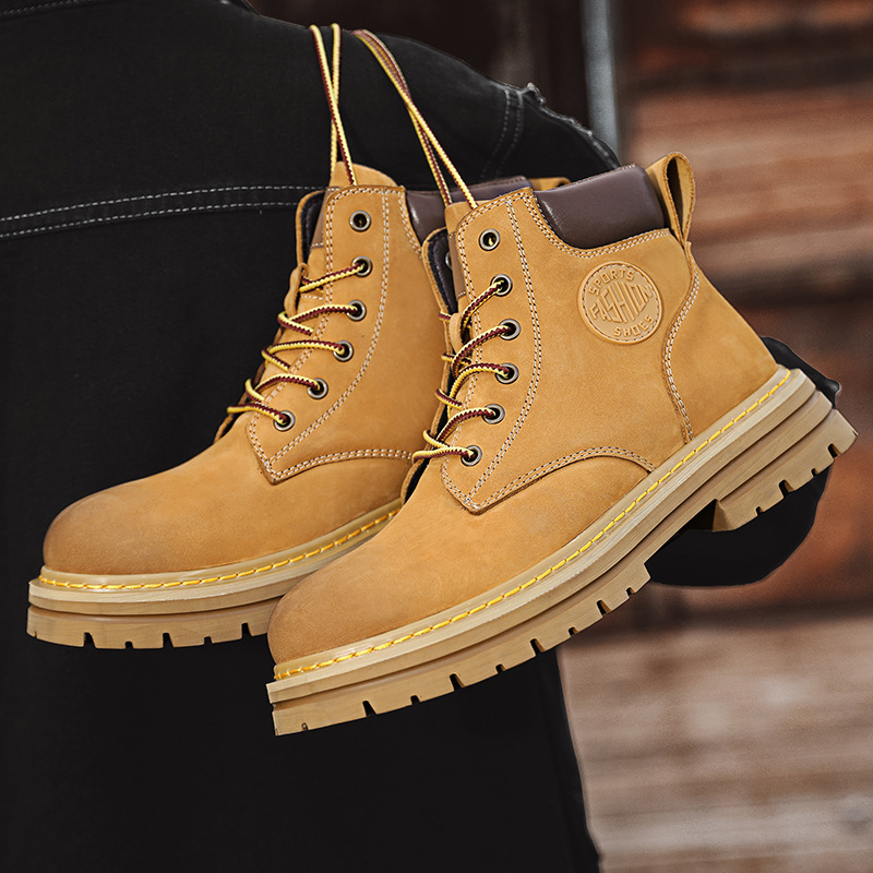 Bottes de travail en cuir britanniques montantes pour hommes, bottes d'extérieur antidérapantes et résistantes à l'usure pour le désert, grandes bottes jaunes pour hommes_voghion.com