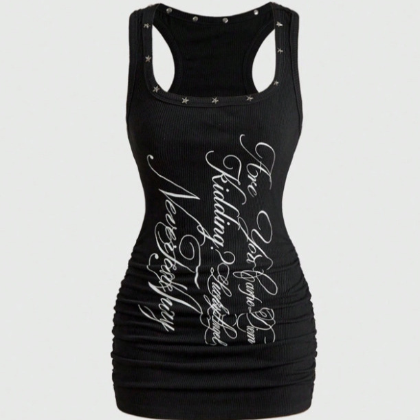 Purely Alluring Hot Girl Style Star-Neckline Racerback Dress with Vertical Floral Lettering on the Side, Ruched Waist, Short Bodycon Skirt