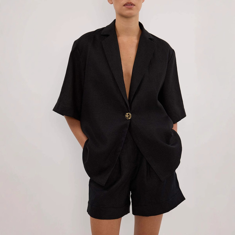 Summer Vacation Style Cotton and Linen Half-Sleeved V Neck Cardigan Jacket Top Shorts Loose Casual Suit Women European and American Cross-Border