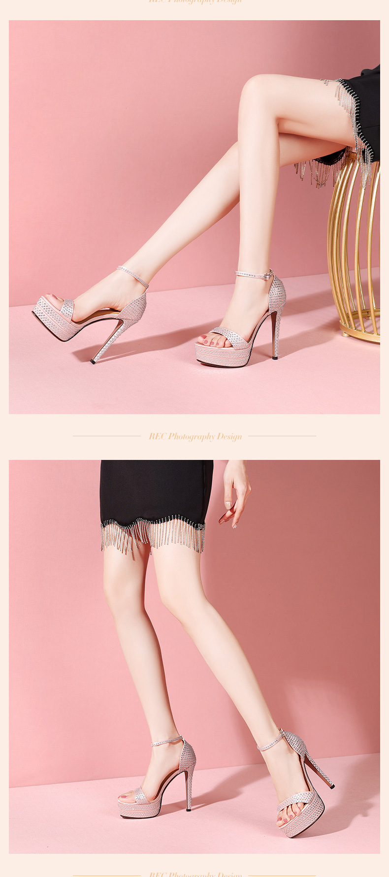 Sandal cao gót nữ đính đá phong cách châu Âu, đế dày platform, gót siêu cao 12 cm — Màu đen chi tiết 11