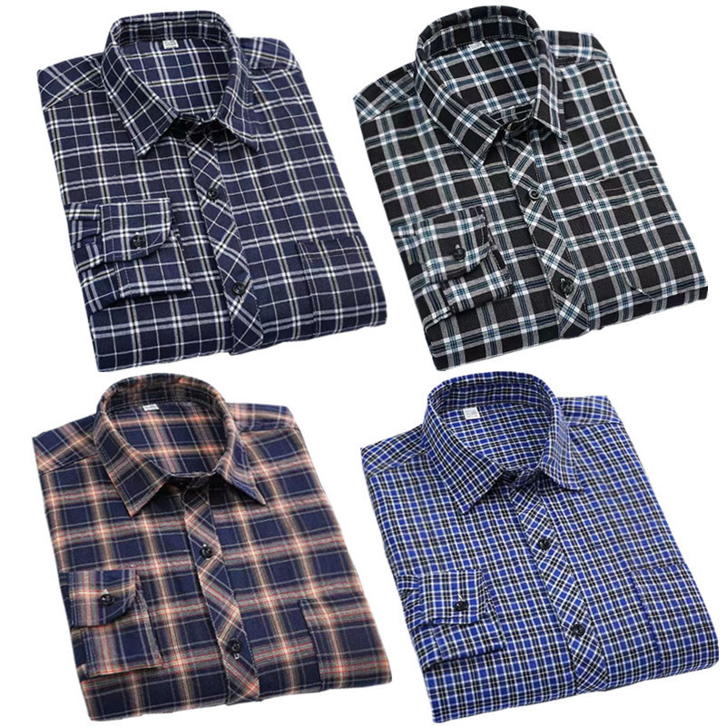Men's Plaid Long-Sleeved Shirt Spring and Autum Middle-Aged and Elderly Dad's Loose Casual Business Polyester Cotton Square Collar Shirt for Men