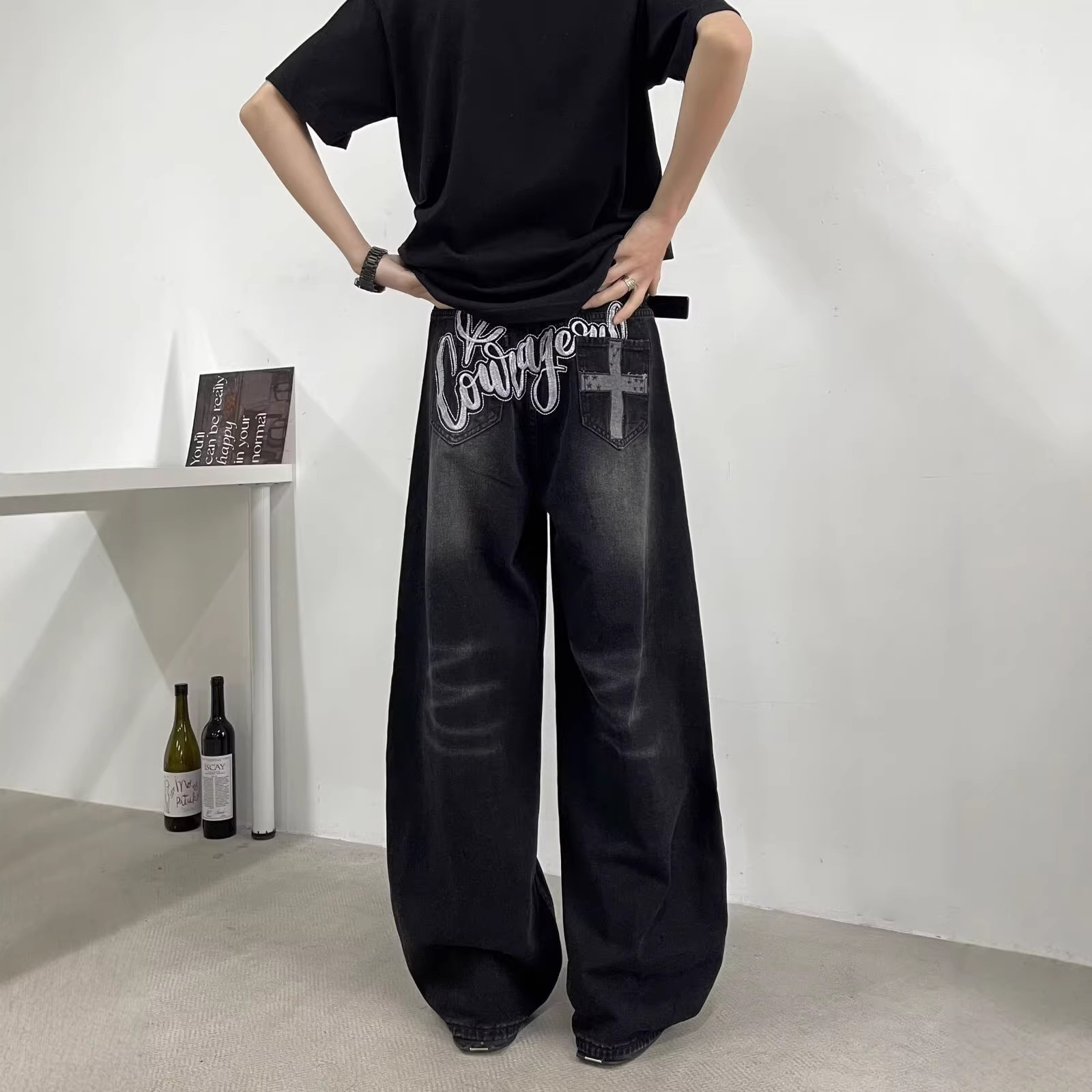 Men's American Vintage Black Saber-Cut Jeans – High Street Drop-Crotch Wide Leg Pants (S-3XL, Heavyweight Washed Denim)_mkmklike.com